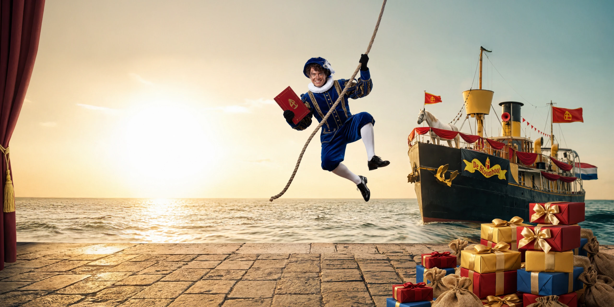 Sinterklaas-scène: Piet aan een touw, de stoomboot en cadeaus aan de kade